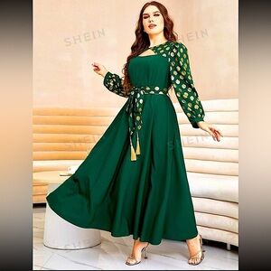 SHEIN Green Asymmetrical Dress with Gold Accents